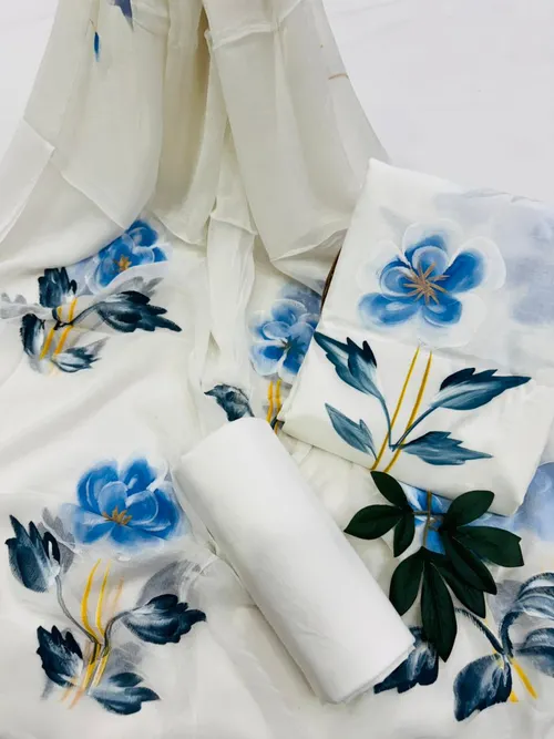 Elegant Hand-Painted Cotton Suit Set with Lightweight Chiffon Dupatta